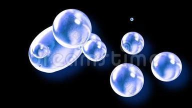 把流星的抽象背景放大，就像玻璃滴或充满蓝色火花的球体<strong>融合</strong>在一起，